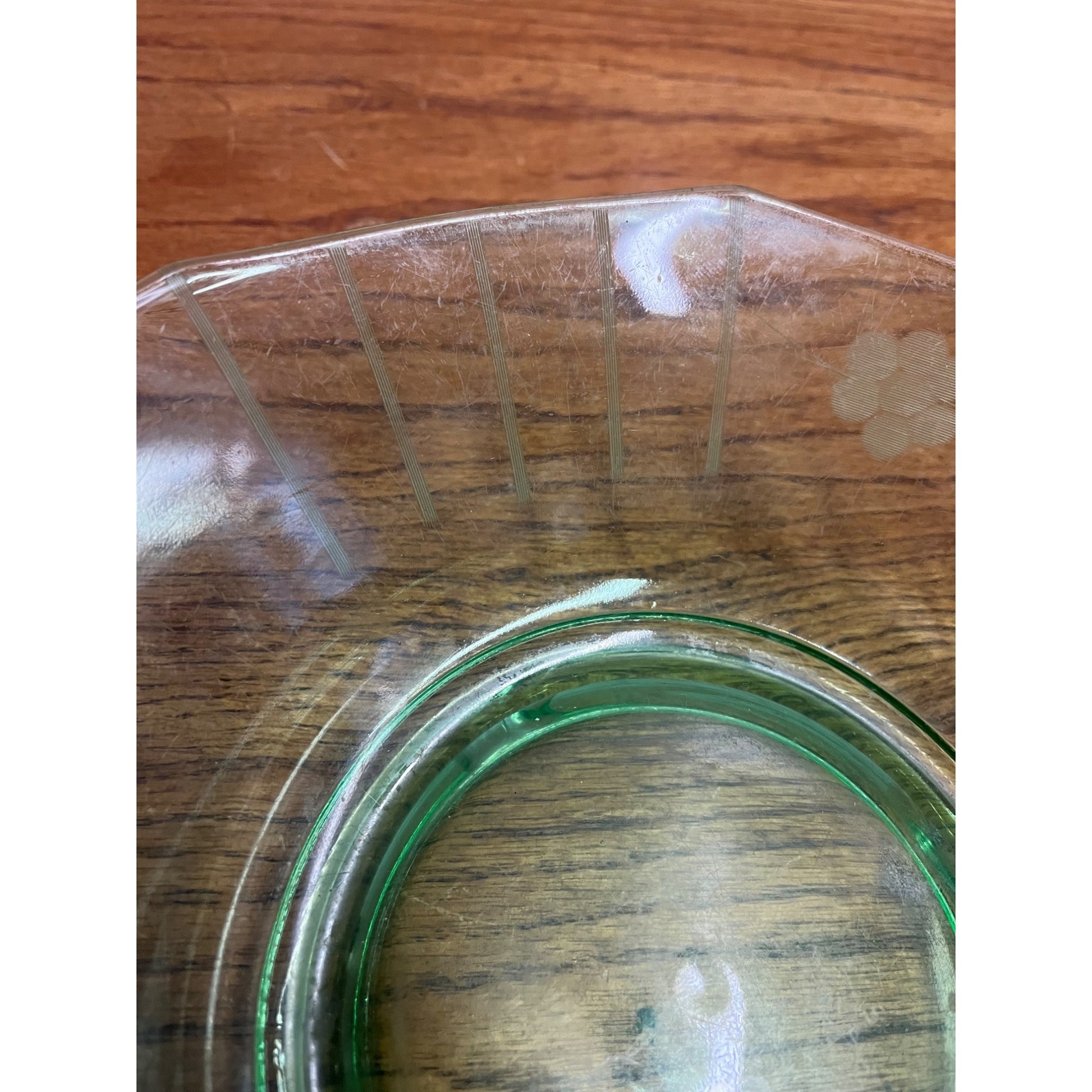 Vintage Uranium Green Imperial Glass Co. Two Handle Bowl Dish Etched Flowers
