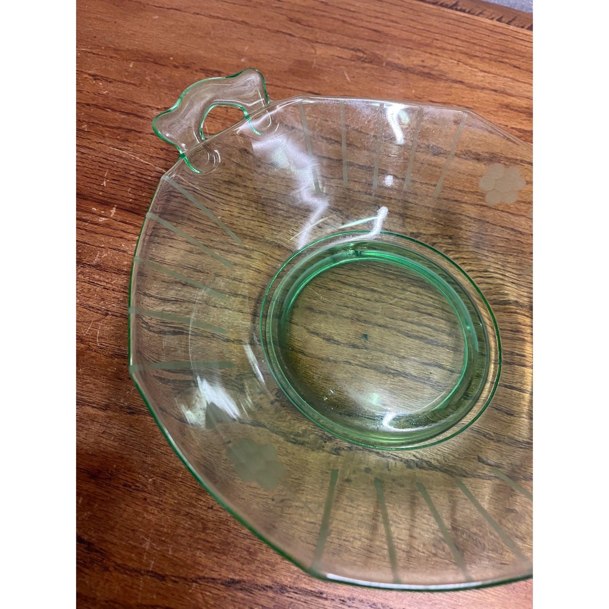 Vintage Uranium Green Imperial Glass Co. Two Handle Bowl Dish Etched Flowers