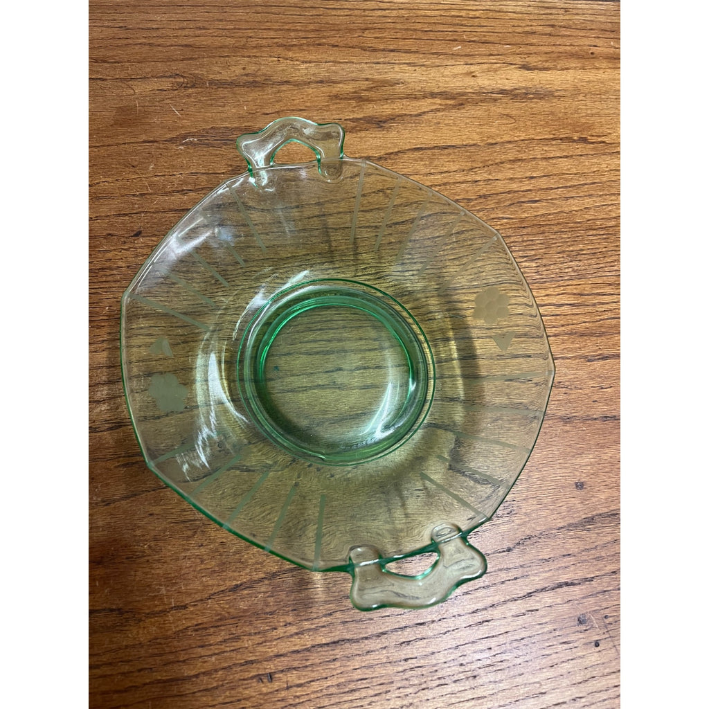 Vintage Uranium Green Imperial Glass Co. Two Handle Bowl Dish Etched Flowers