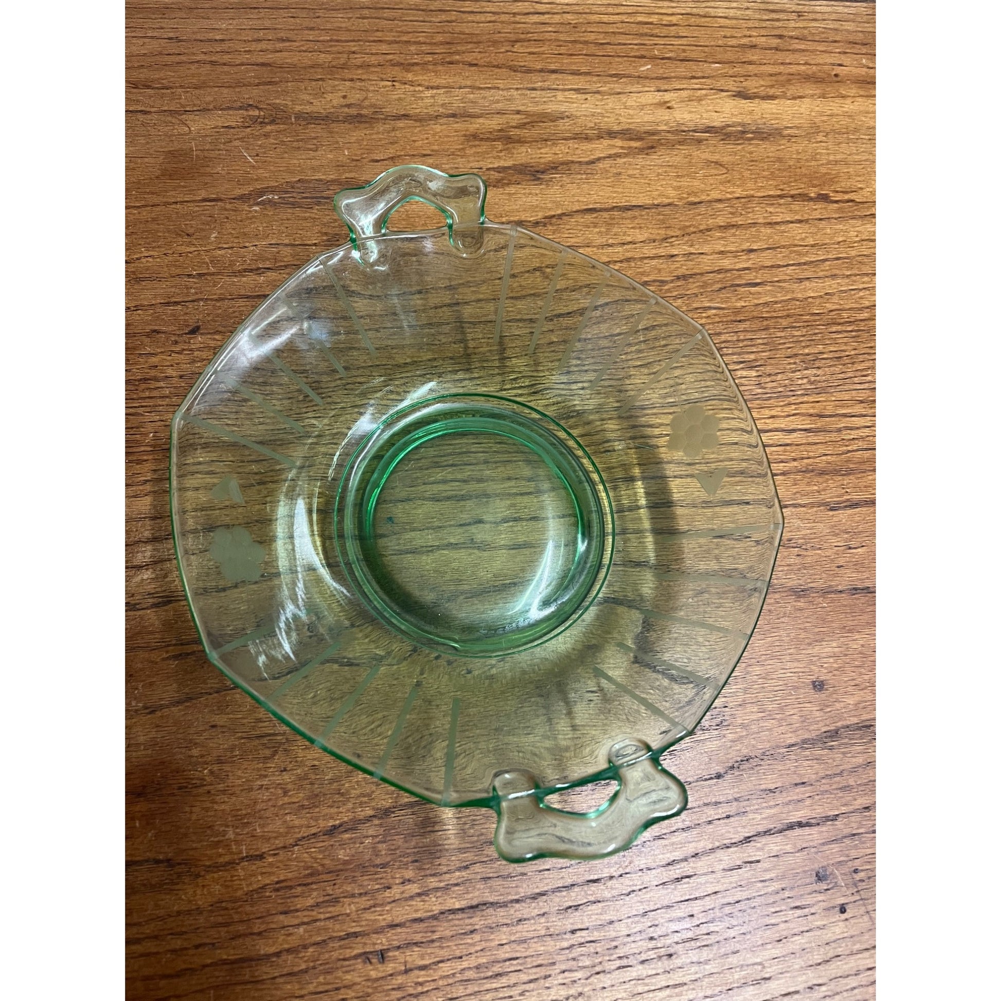 Vintage Uranium Green Imperial Glass Co. Two Handle Bowl Dish Etched Flowers
