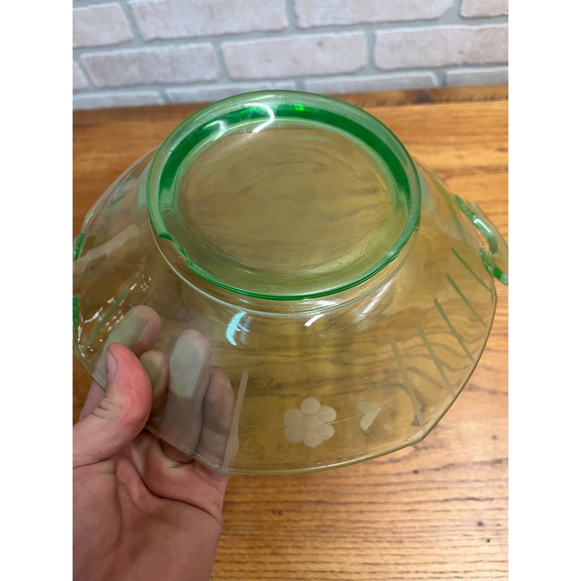 Vintage Uranium Green Imperial Glass Co. Two Handle Bowl Dish Etched Flowers