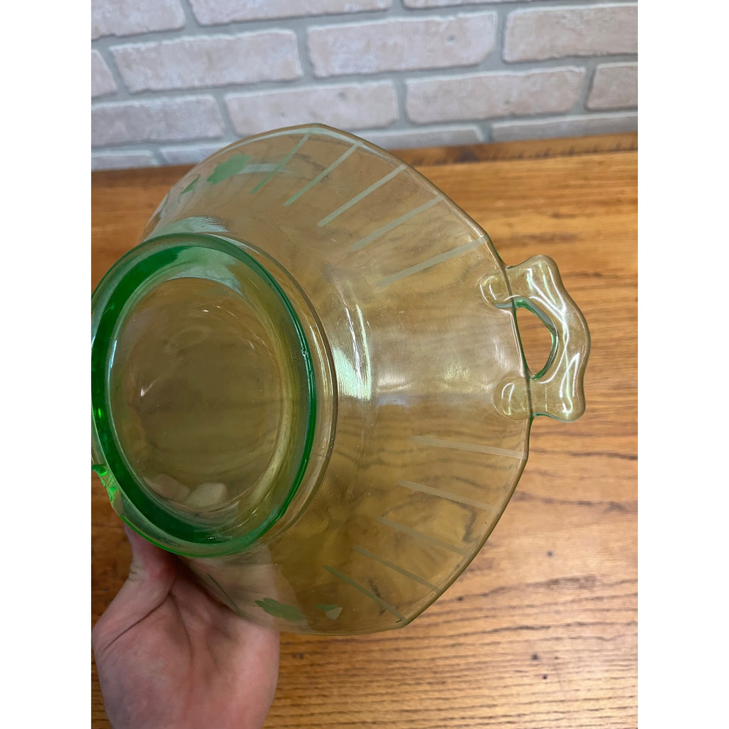 Vintage Uranium Green Imperial Glass Co. Two Handle Bowl Dish Etched Flowers