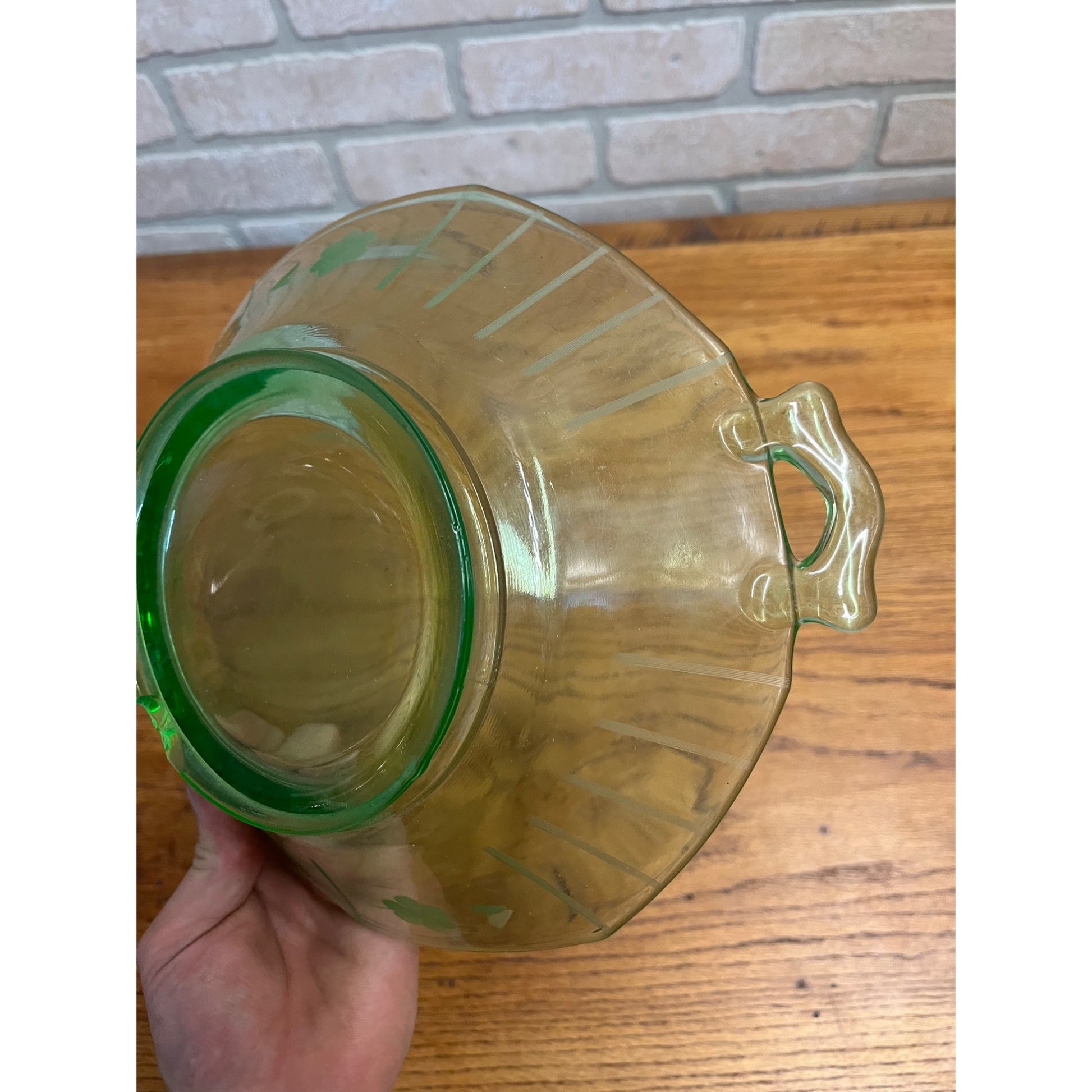 Vintage Uranium Green Imperial Glass Co. Two Handle Bowl Dish Etched Flowers