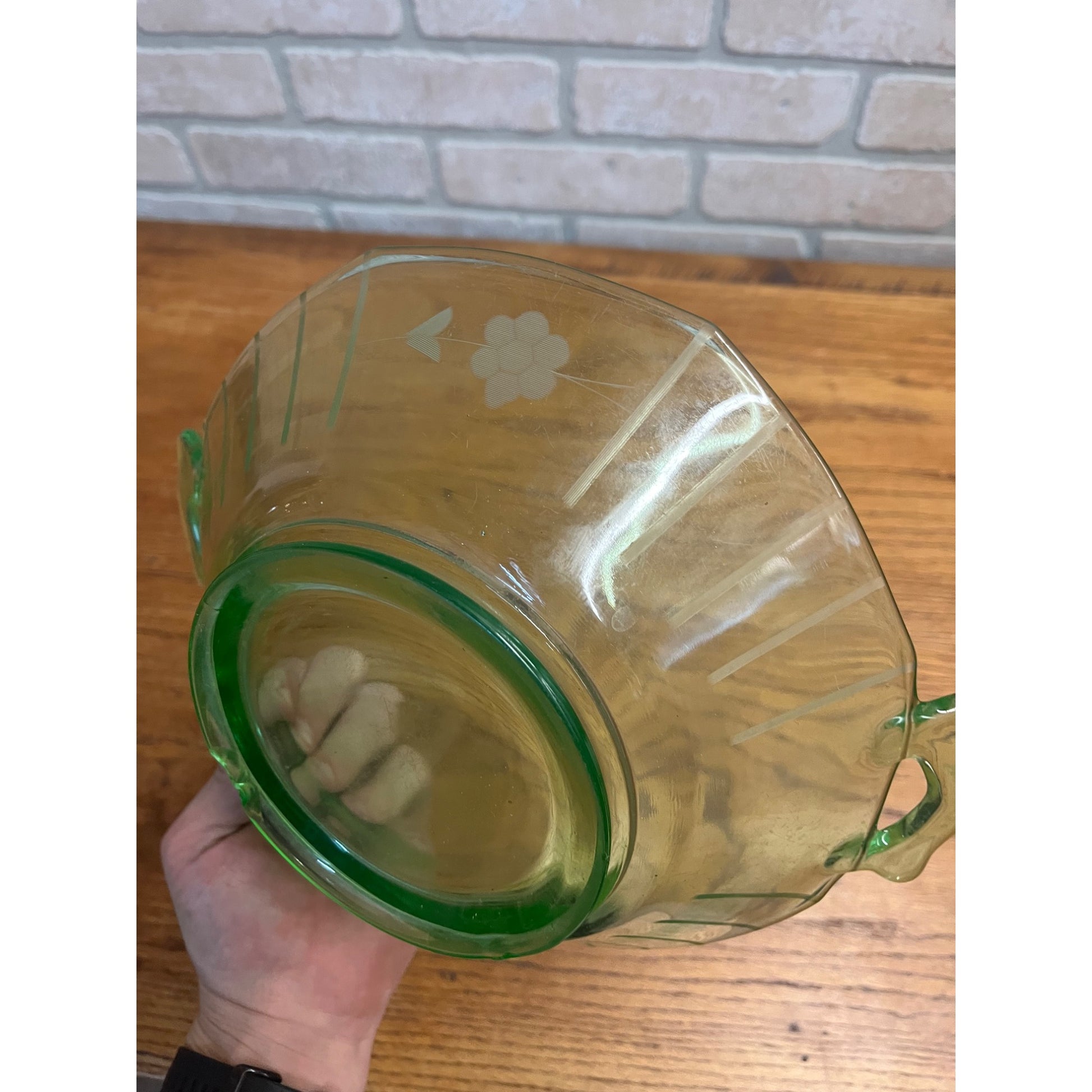 Vintage Uranium Green Imperial Glass Co. Two Handle Bowl Dish Etched Flowers