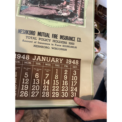 Vintage 1948 Neshkoro Mutual Fire Insurance Advertising Calendar Sign Poster Wis