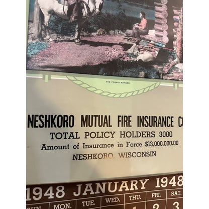 Vintage 1948 Neshkoro Mutual Fire Insurance Advertising Calendar Sign Poster Wis