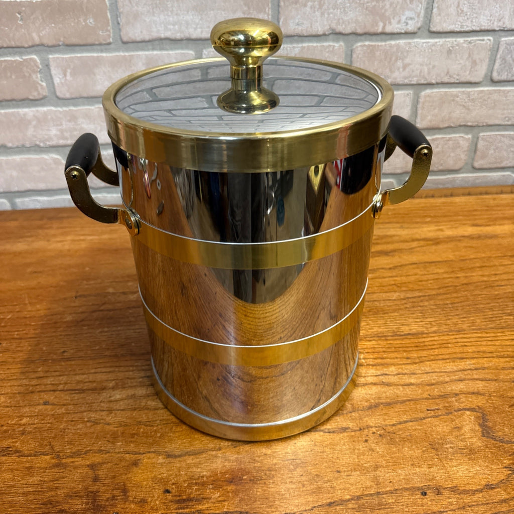 Vintage Kraftware Ice Bucket MCM Mid-Century Modern Silver & Gold Tone Banded