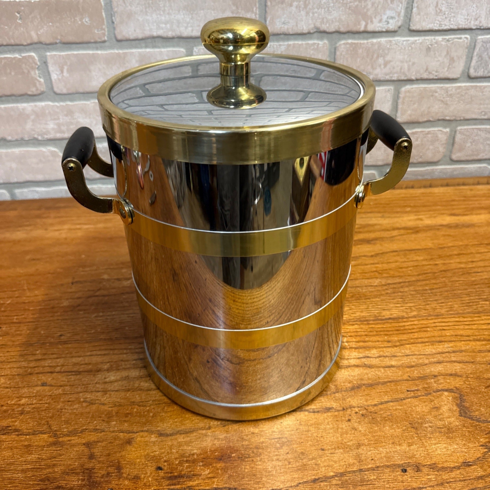 Vintage Kraftware Ice Bucket MCM Mid-Century Modern Silver & Gold Tone Banded