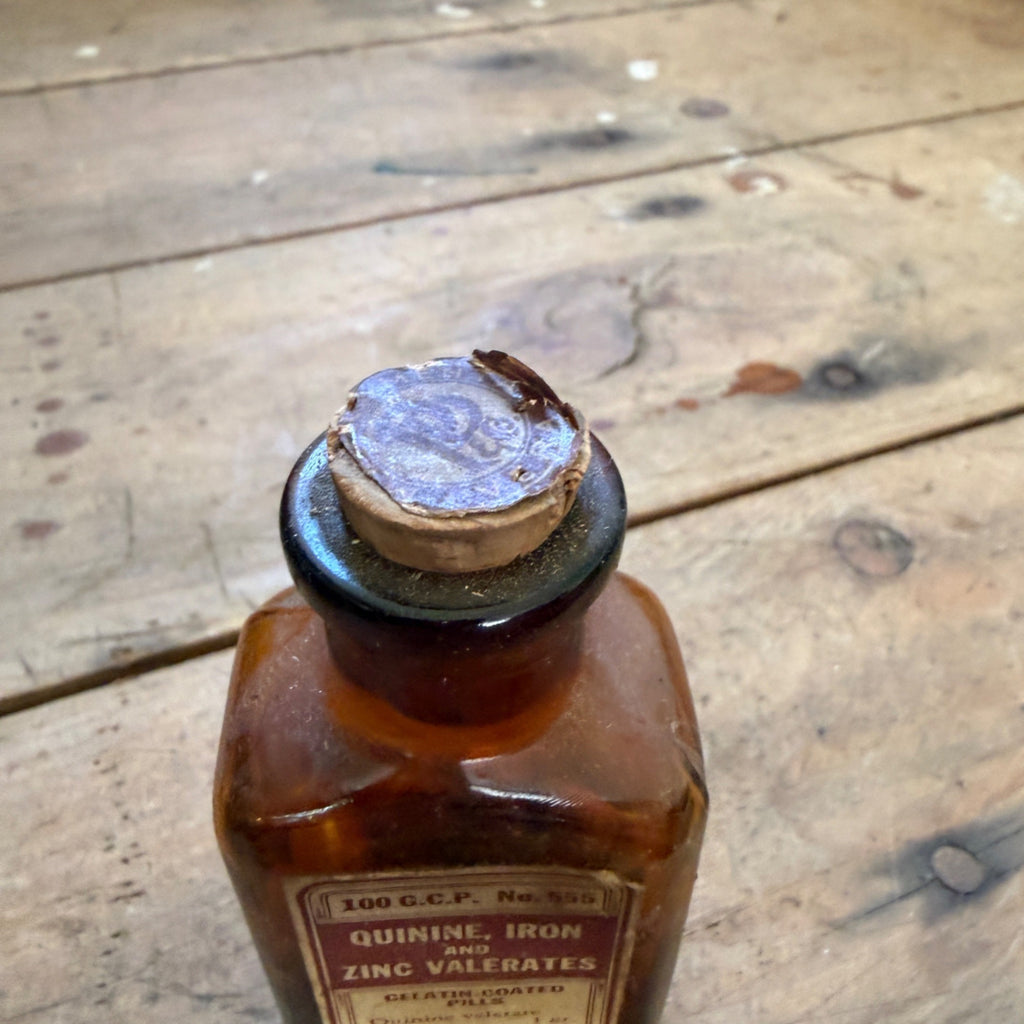 Antique Parke Davis Quinine Iron Zinc Valerates Bottle Amber Glass Cork Top FULL