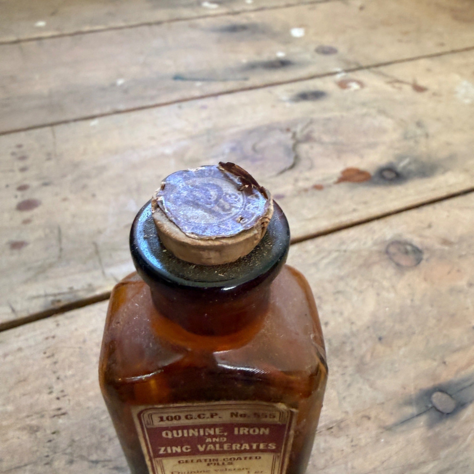 Antique Parke Davis Quinine Iron Zinc Valerates Bottle Amber Glass Cork Top FULL