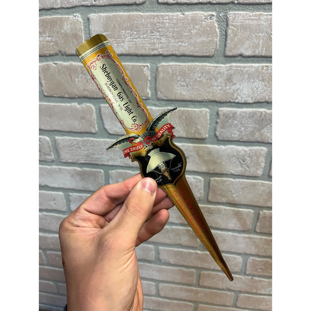 1900s Tin Litho Welsbach Lantern Light Advertising Letter Opener Sheboygan Wis