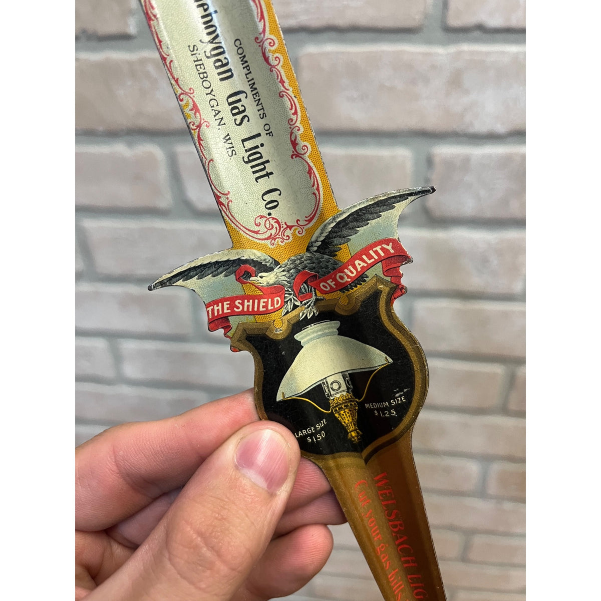 1900s Tin Litho Welsbach Lantern Light Advertising Letter Opener Sheboygan Wis