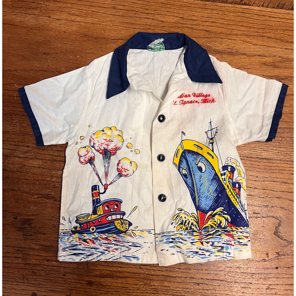 Vintage Tropix Child's Souvenir Shirt Indian Village St. Ignace, Michigan Anthropomorphic Steam Liner and Tug Boat