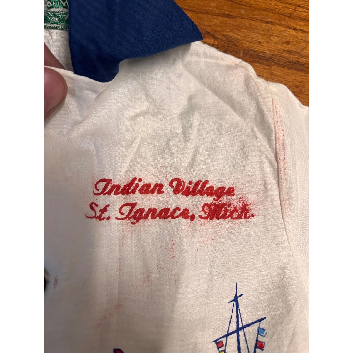 Vintage Tropix Child's Souvenir Shirt Indian Village St. Ignace, Michigan Anthropomorphic Steam Liner and Tug Boat