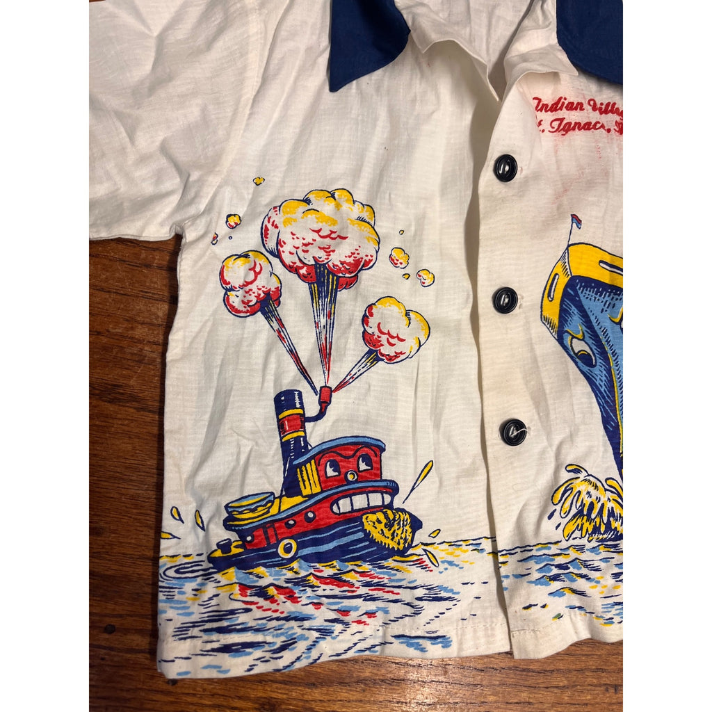 Vintage Tropix Child's Souvenir Shirt Indian Village St. Ignace, Michigan Anthropomorphic Steam Liner and Tug Boat