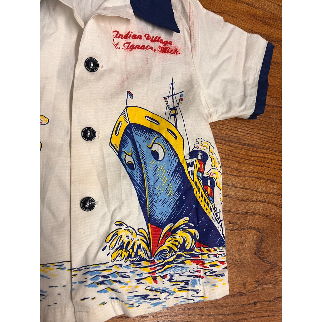 Vintage Tropix Child's Souvenir Shirt Indian Village St. Ignace, Michigan Anthropomorphic Steam Liner and Tug Boat