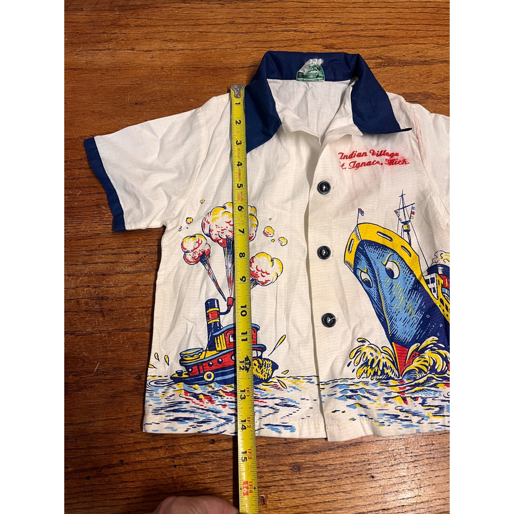 Vintage Tropix Child's Souvenir Shirt Indian Village St. Ignace, Michigan Anthropomorphic Steam Liner and Tug Boat