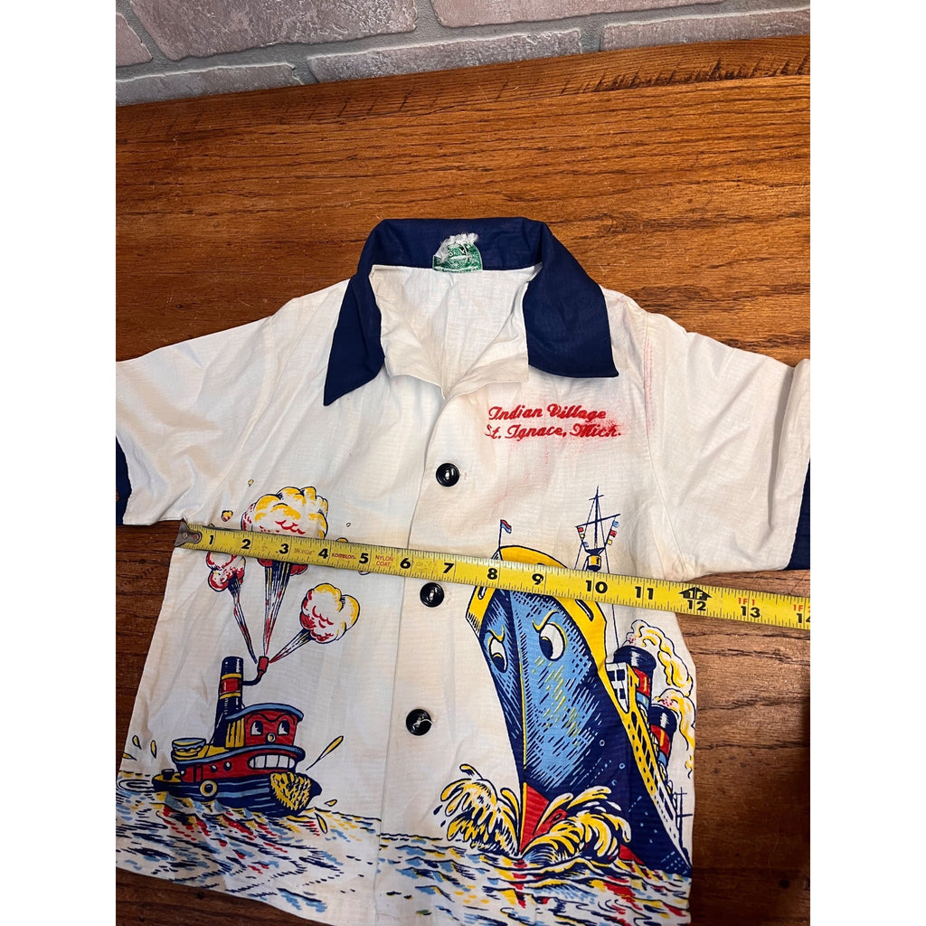 Vintage Tropix Child's Souvenir Shirt Indian Village St. Ignace, Michigan Anthropomorphic Steam Liner and Tug Boat