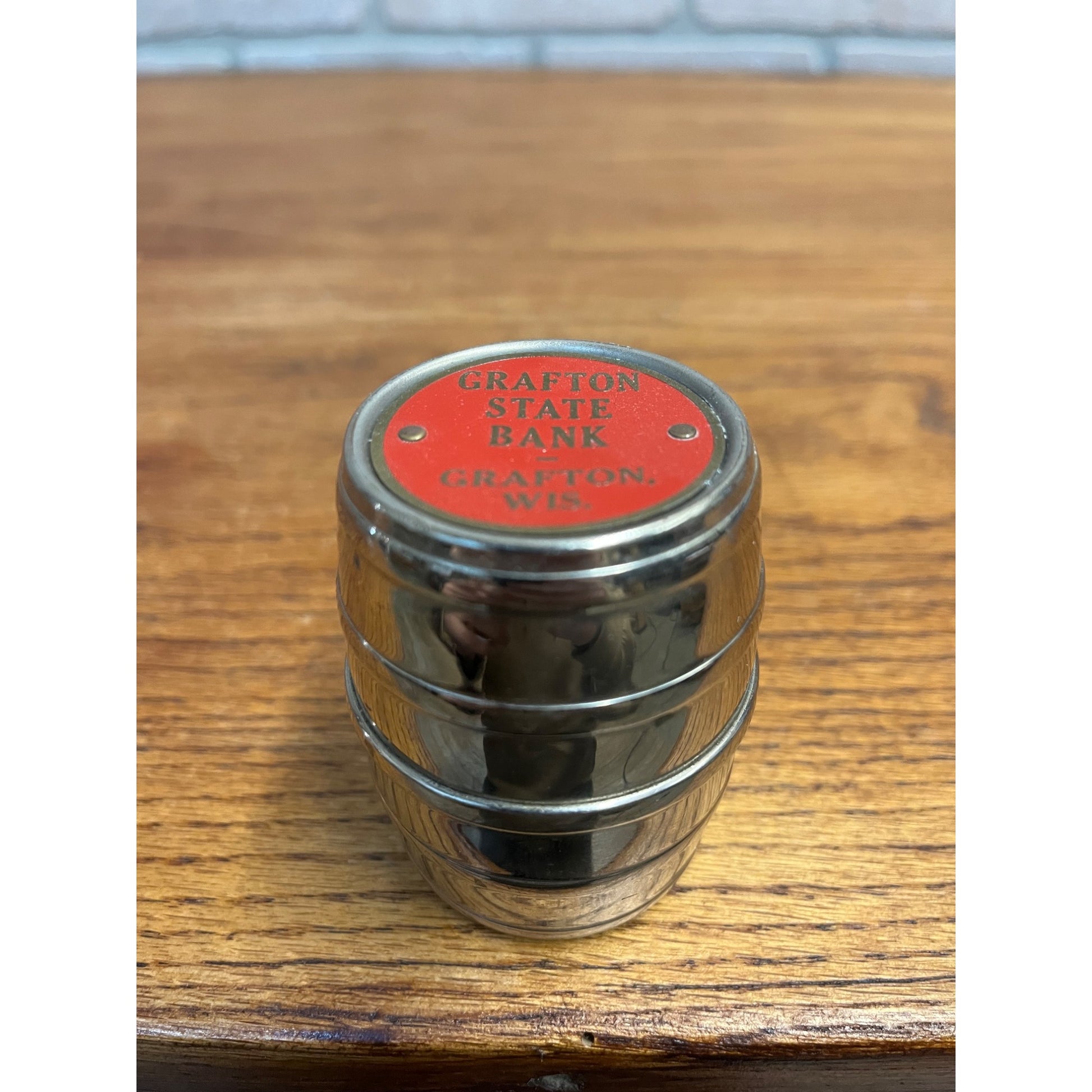 Vintage Grafton State Bank Wisconsin Coin Bank Metal Barrel - NO KEY