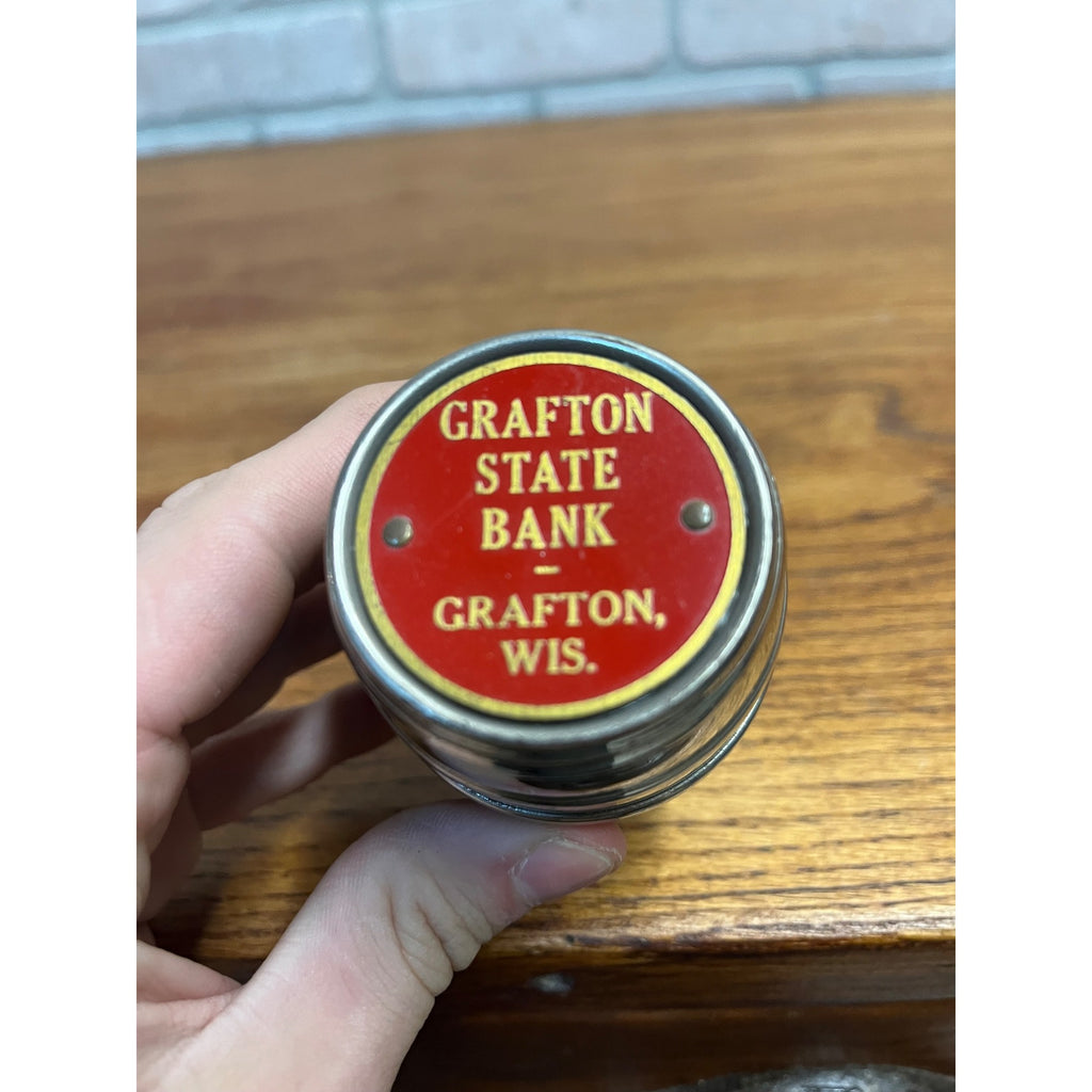 Vintage Grafton State Bank Wisconsin Coin Bank Metal Barrel - NO KEY