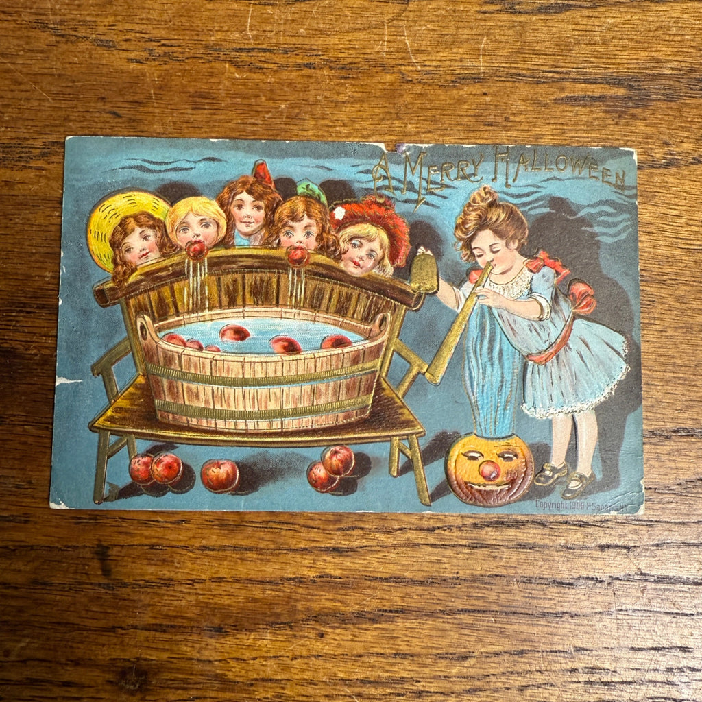 Vintage 1909 Halloween Postcard Embossed Bobbing Apples Girl JOL