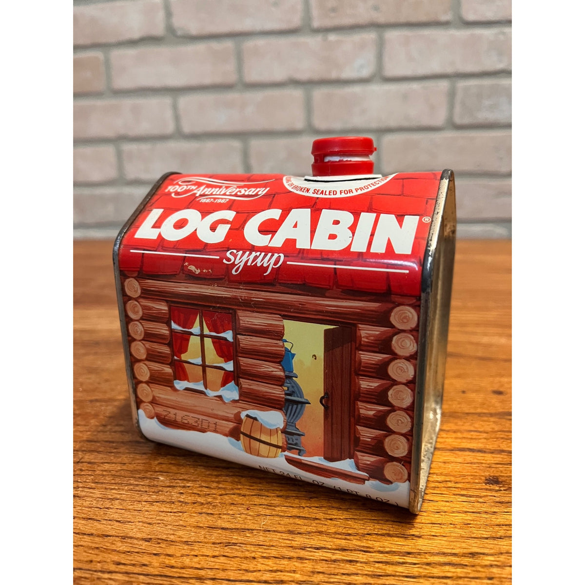 Vintage Log Cabin Maple Syrup Tin 100th Anniversary White Plains, NY Primitive Kitchen Decor