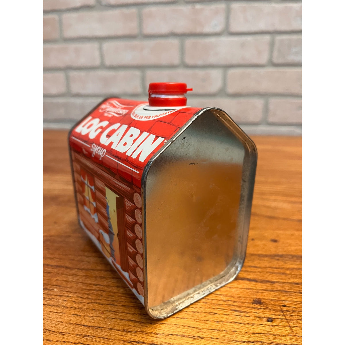 Vintage Log Cabin Maple Syrup Tin 100th Anniversary White Plains, NY Primitive Kitchen Decor