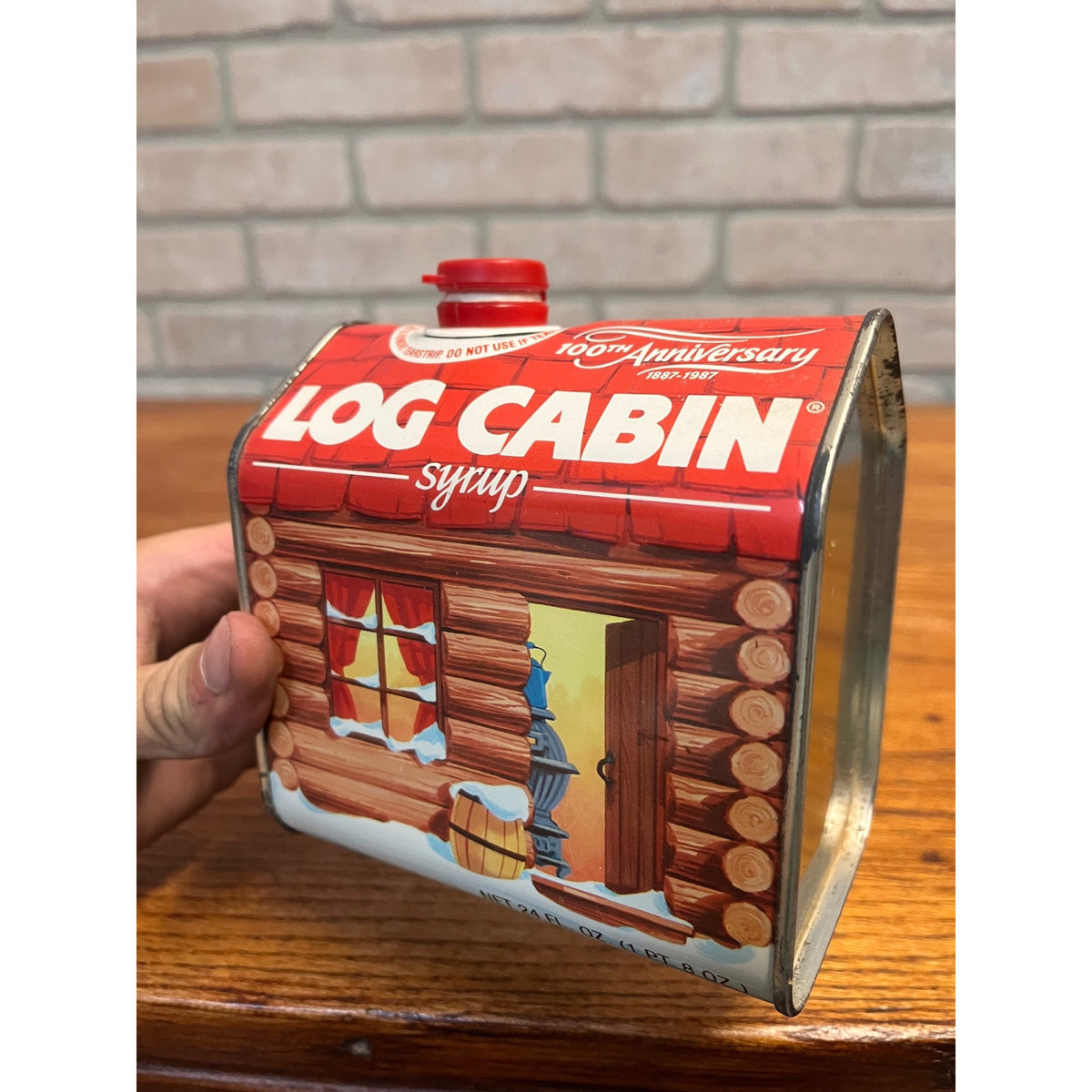 Vintage Log Cabin Maple Syrup Tin 100th Anniversary White Plains, NY Primitive Kitchen Decor