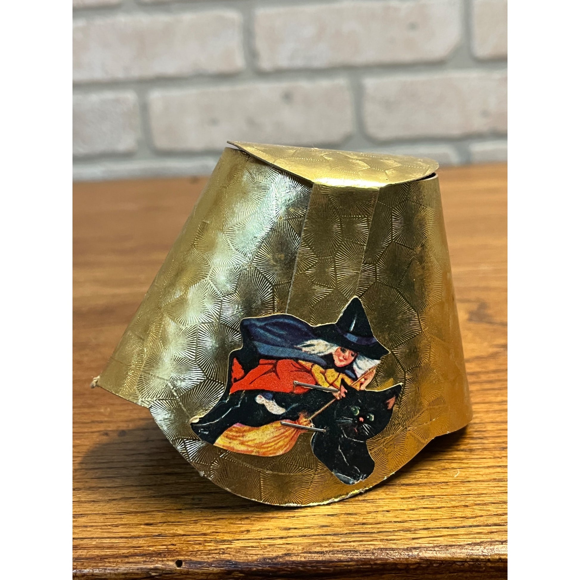 Vintage 1940s Halloween Witch Riding Black Cat Gold Cardboard Nut Cup Party Favor