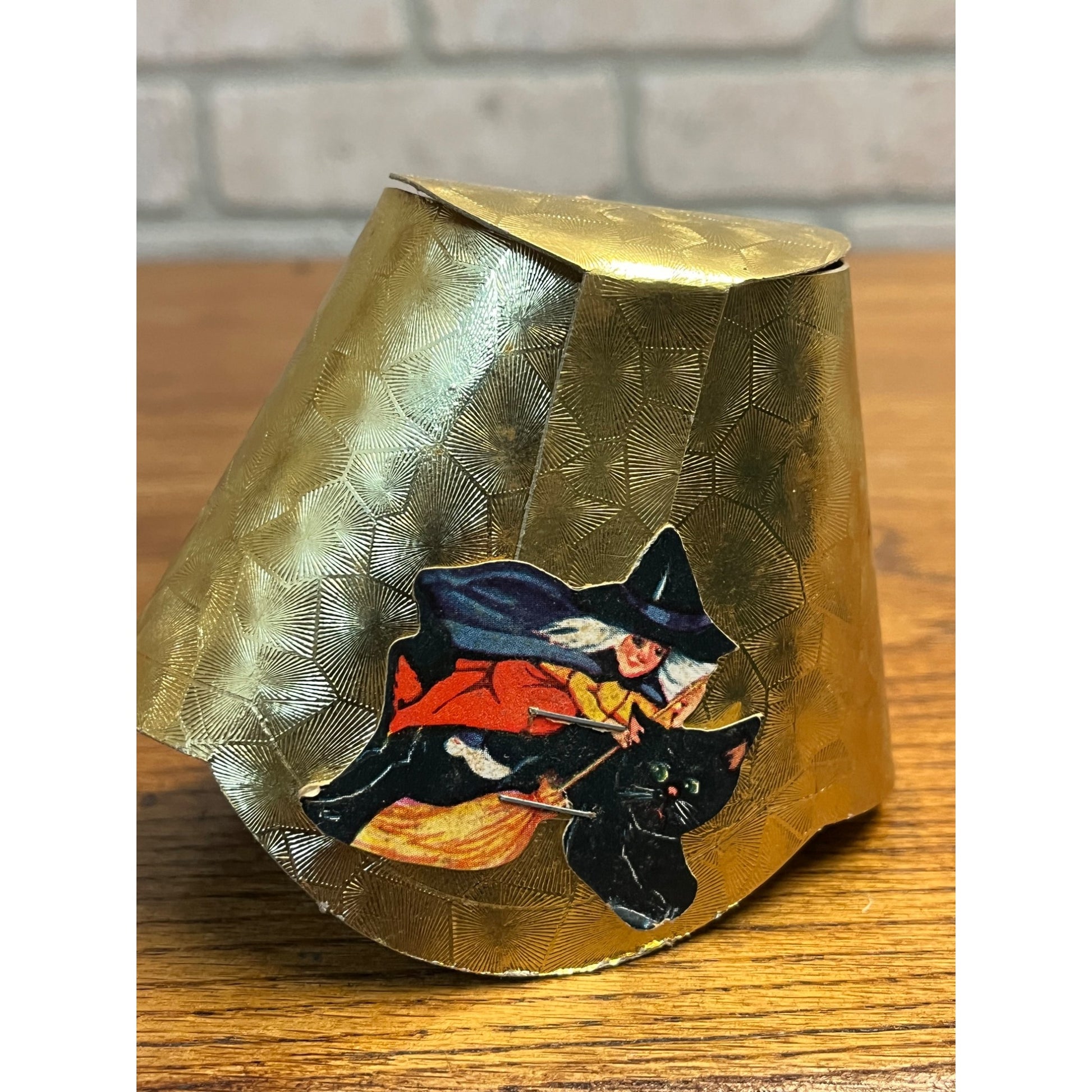 Vintage 1940s Halloween Witch Riding Black Cat Gold Cardboard Nut Cup Party Favor
