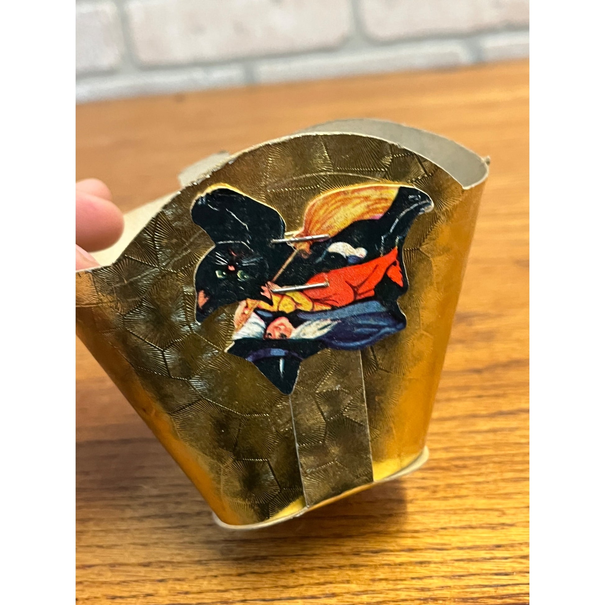 Vintage 1940s Halloween Witch Riding Black Cat Gold Cardboard Nut Cup Party Favor