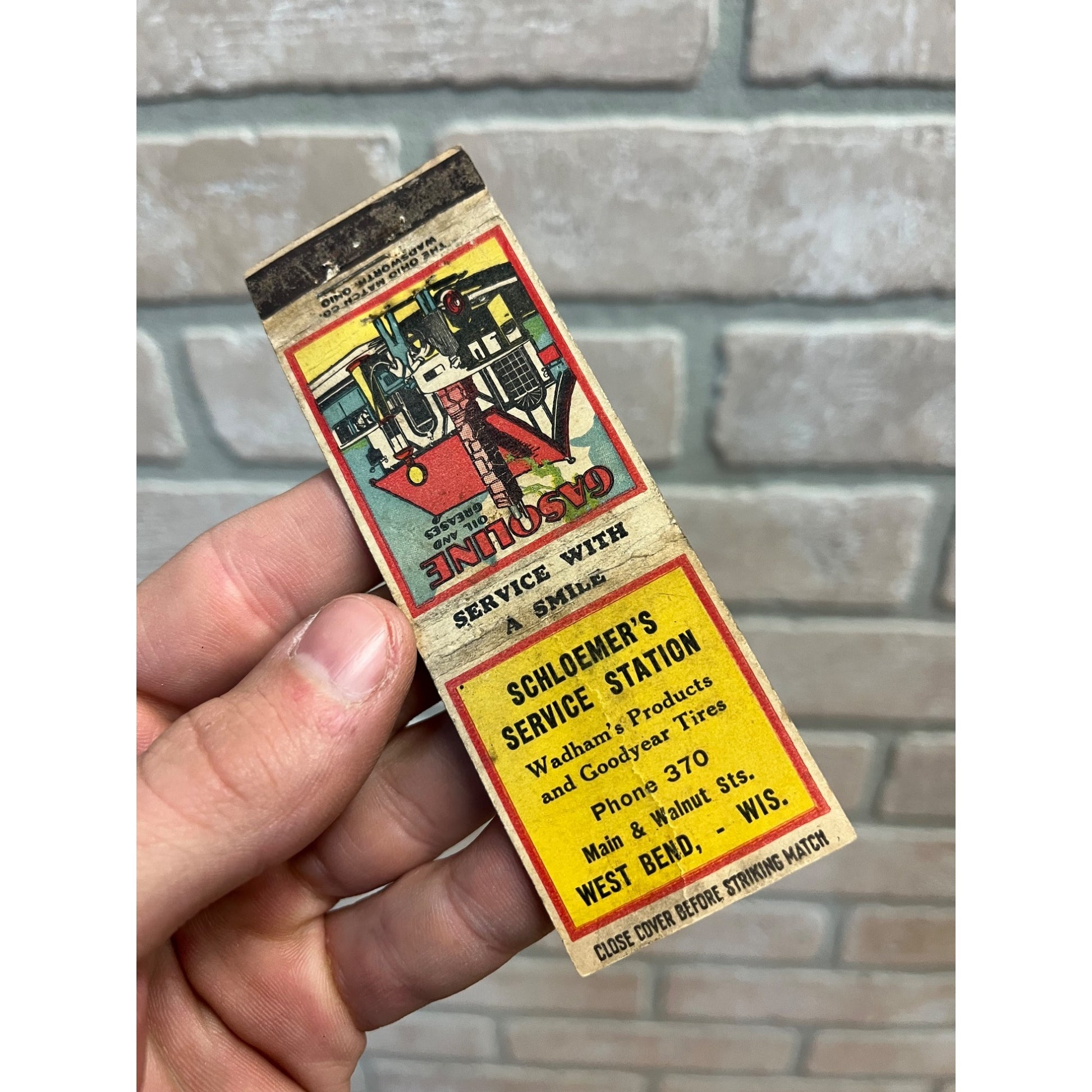 Schloemer's Service Station West Bend Wisconsin Advertising Matchbook Wadhams