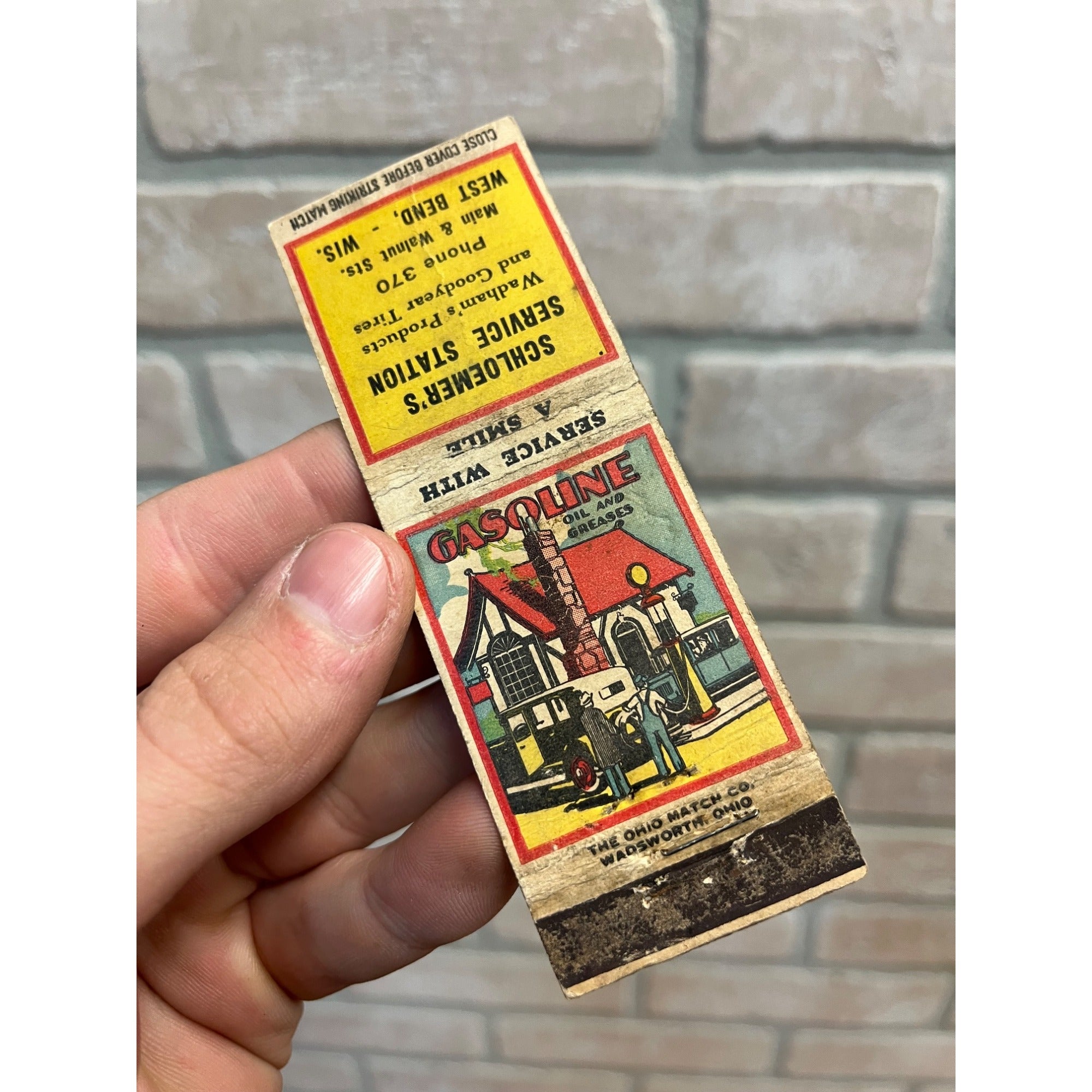 Schloemer's Service Station West Bend Wisconsin Advertising Matchbook Wadhams
