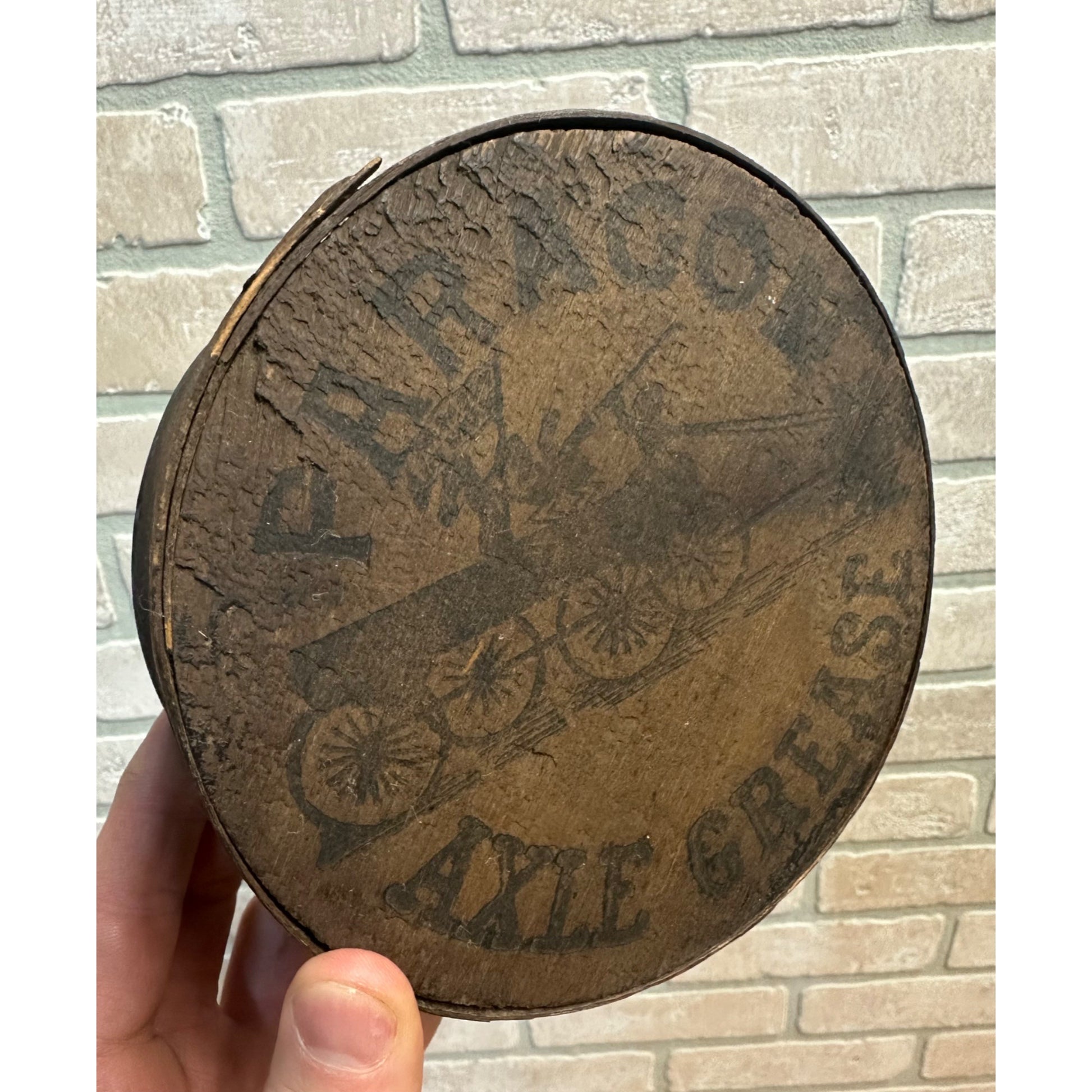 SCARCE Antique 1880s Paragon Axle Grease Wooden Oil Bentwood Wood Box Can