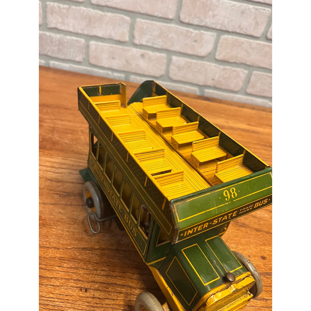 Vintage 1930s Ferdinand Strauss Wind-Up Interstate Double-Decker Bus - Works