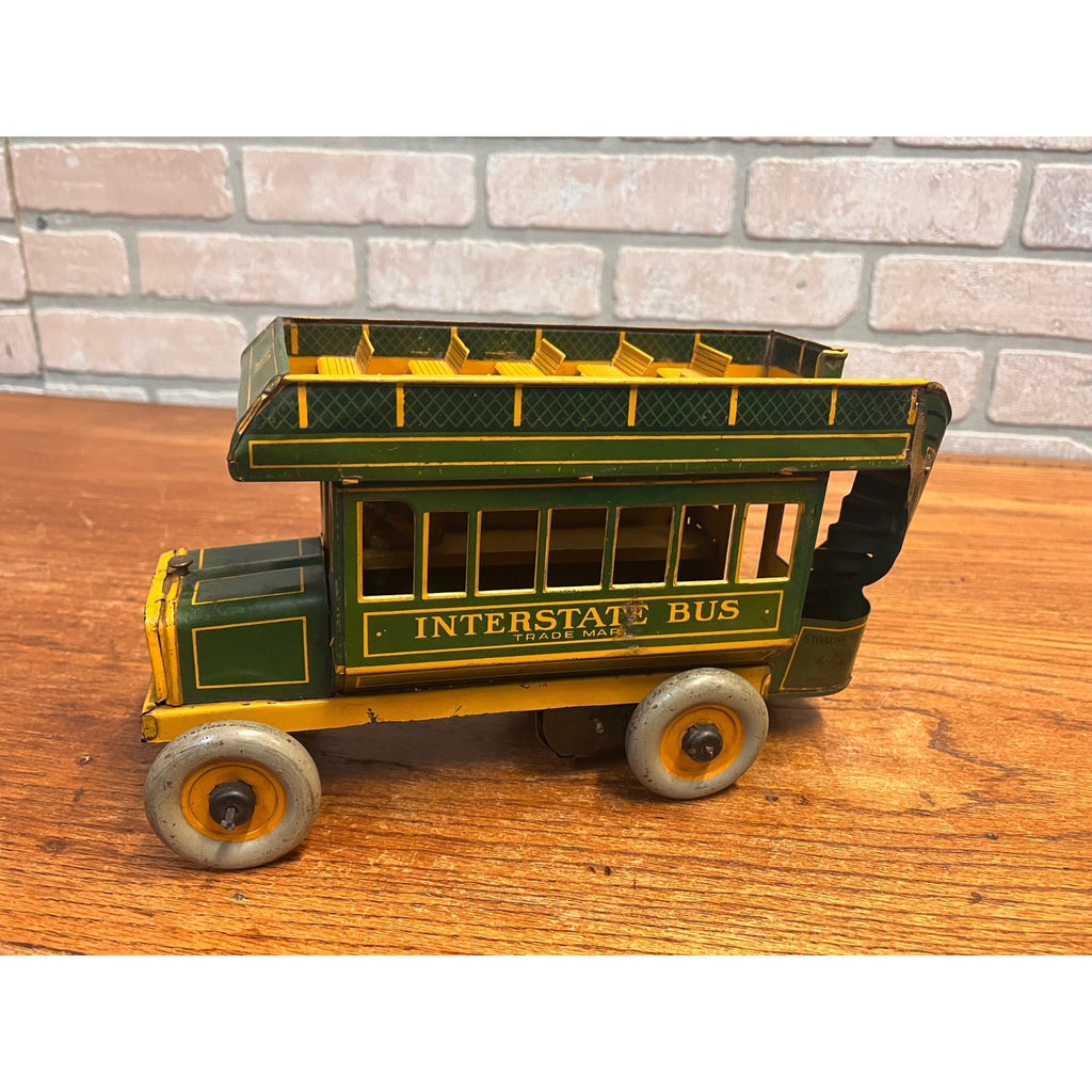 Vintage 1930s Ferdinand Strauss Wind-Up Interstate Double-Decker Bus - Works