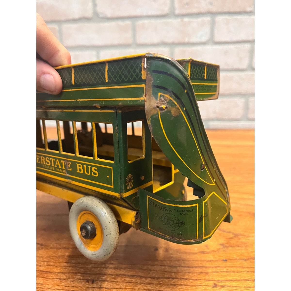 Vintage 1930s Ferdinand Strauss Wind-Up Interstate Double-Decker Bus - Works