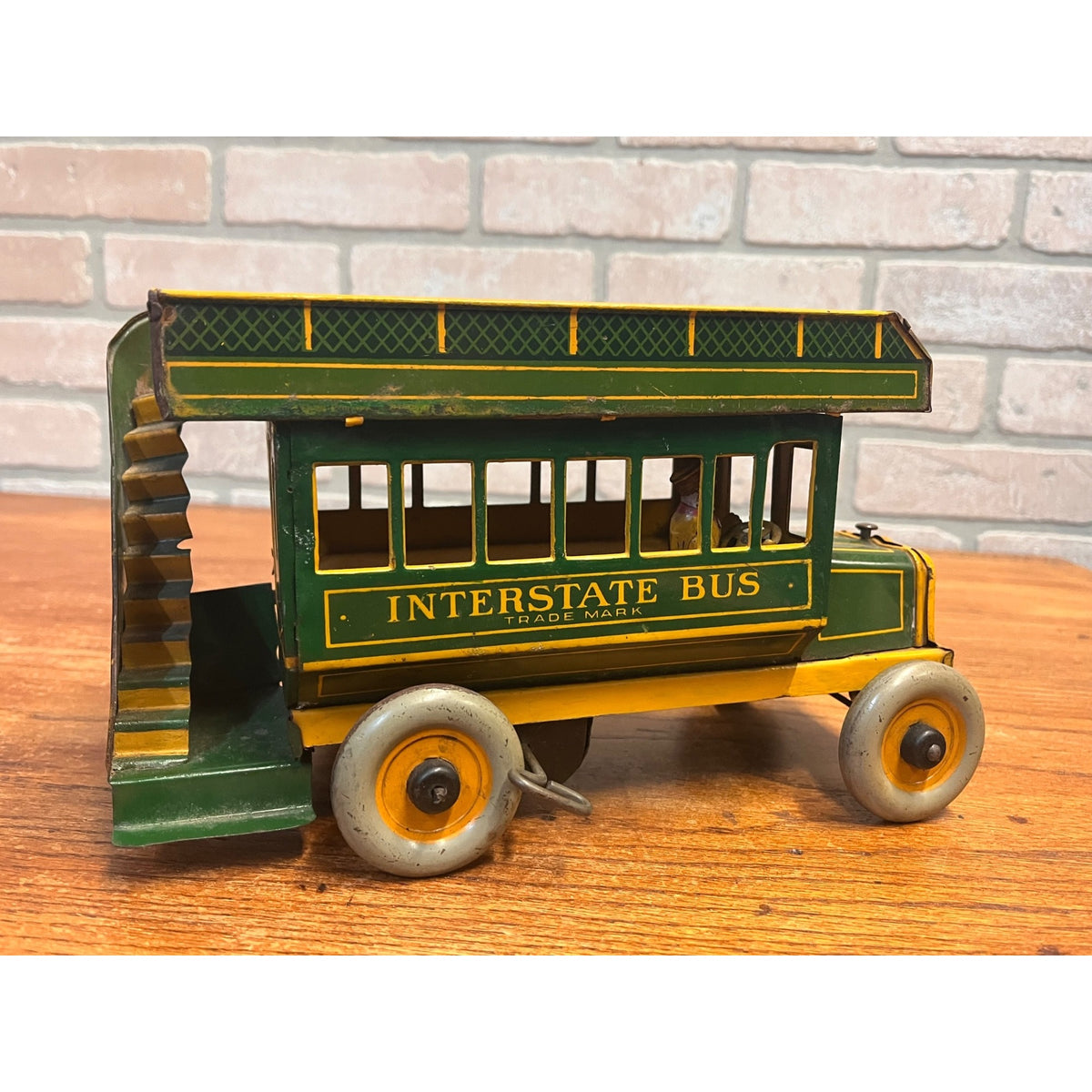 Vintage 1930s Ferdinand Strauss Wind-Up Interstate Double-Decker Bus - Works