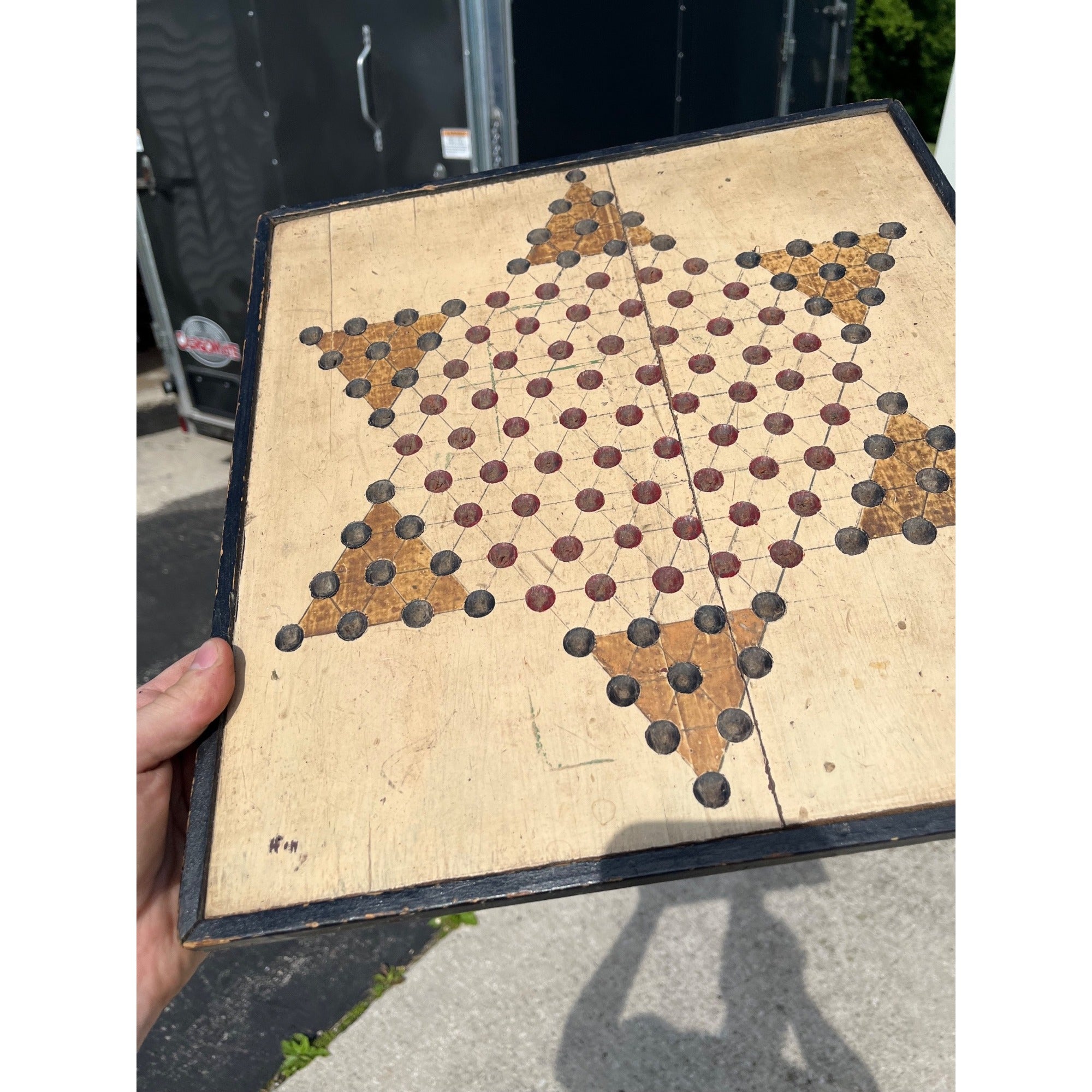 Antique Primitive Chinese Checkers Wooden Painted Game Board Folk Art AAFA