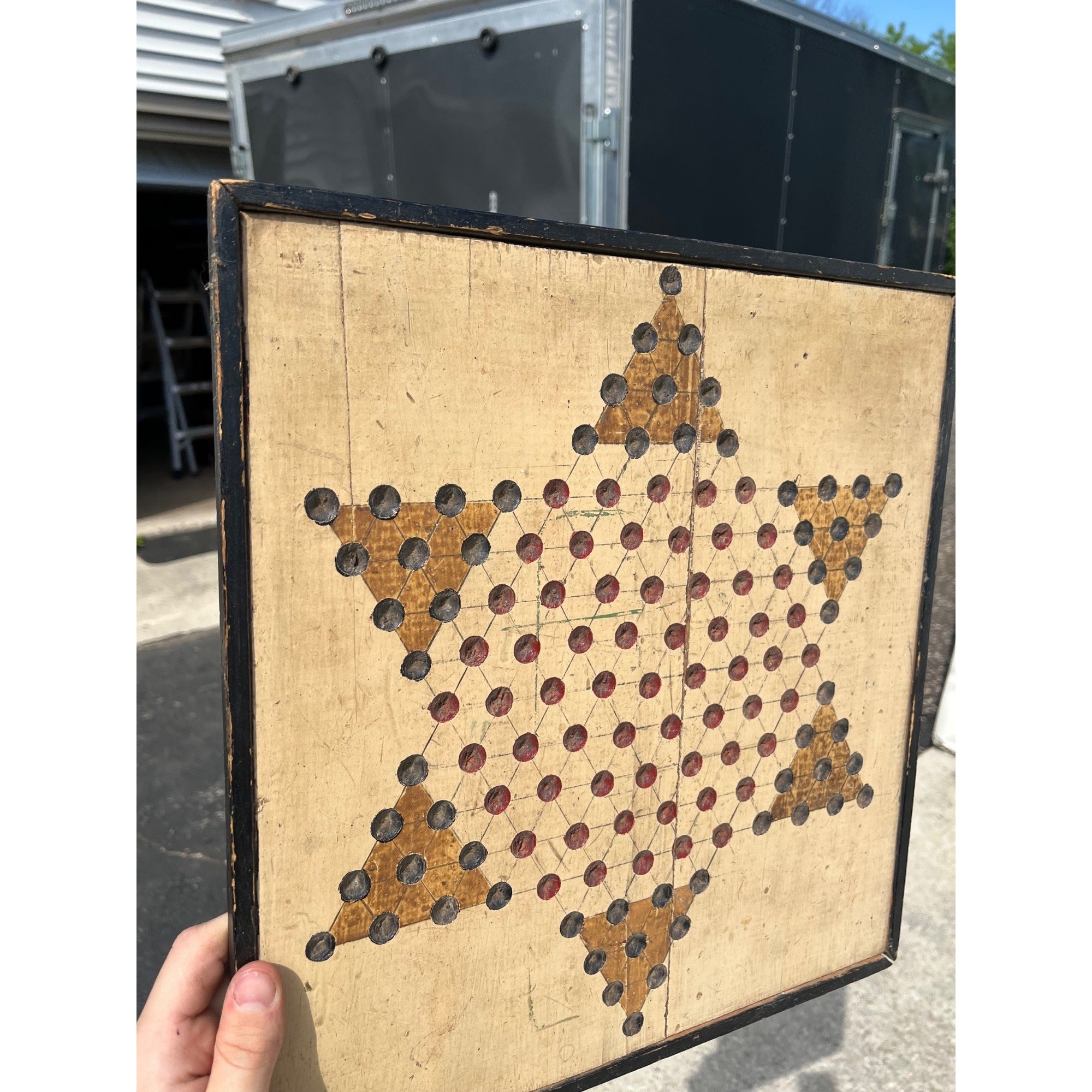 Antique Primitive Chinese Checkers Wooden Painted Game Board Folk Art AAFA