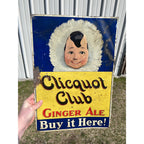RARE Vintage Clicquot Club Ginger Ale Embossed Tin Advertising Soda Sign Eskimo