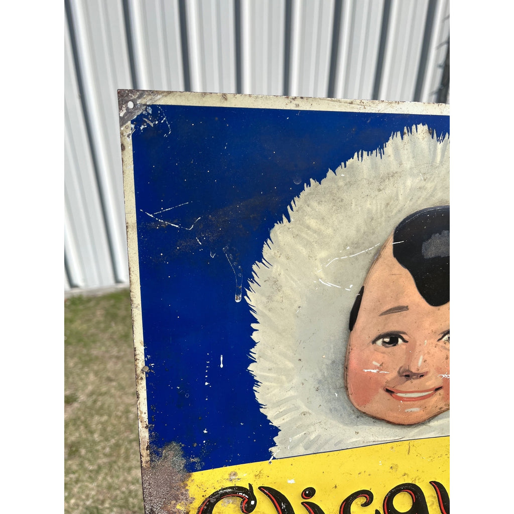 RARE Vintage Clicquot Club Ginger Ale Embossed Tin Advertising Soda Sign Eskimo