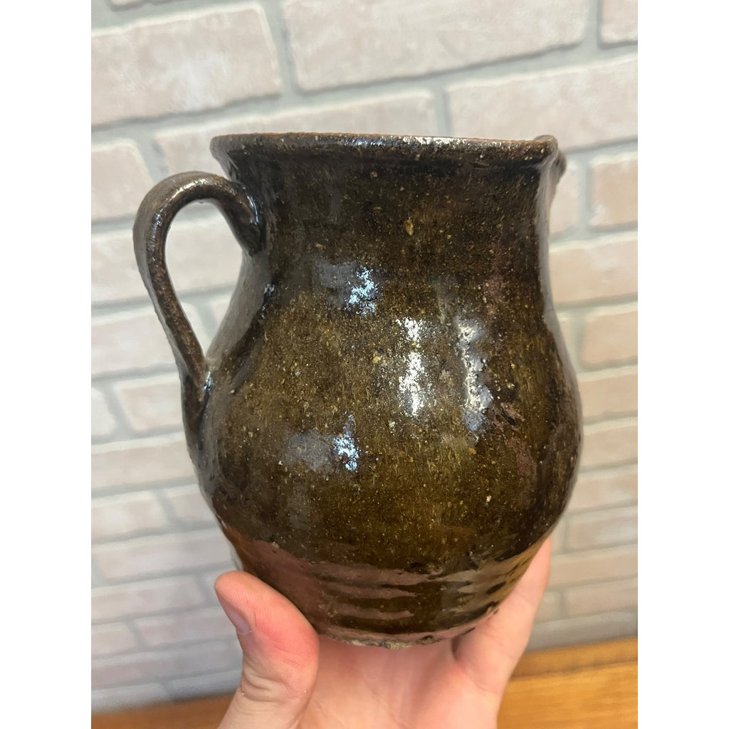 Antique Primitive 1900s Earthenware / Redware Cream Pitcher Albany Slip 5.25” Farmhouse Country Decor