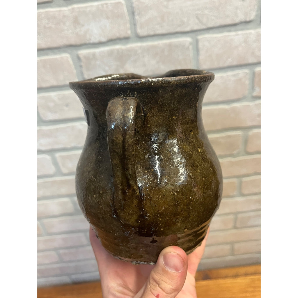 Antique Primitive 1900s Earthenware / Redware Cream Pitcher Albany Slip 5.25” Farmhouse Country Decor