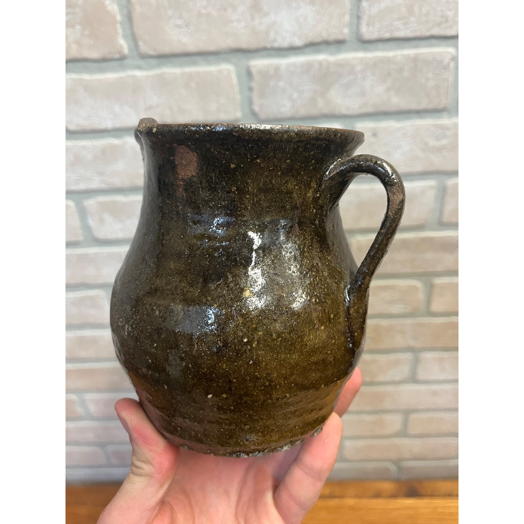 Antique Primitive 1900s Earthenware / Redware Cream Pitcher Albany Slip 5.25” Farmhouse Country Decor