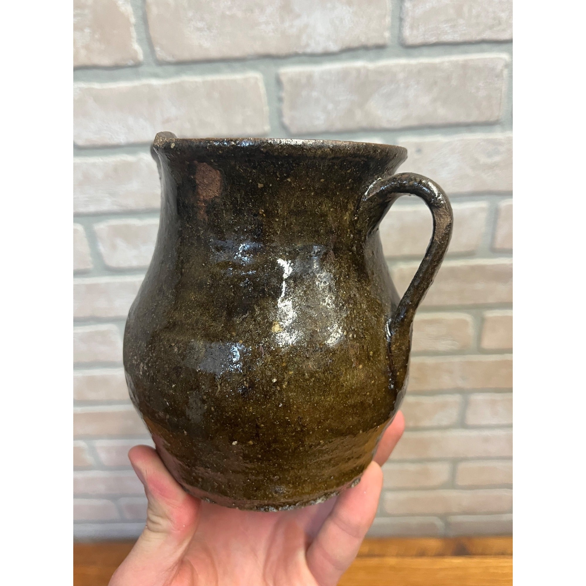 Antique Primitive 1900s Earthenware / Redware Cream Pitcher Albany Slip 5.25” Farmhouse Country Decor