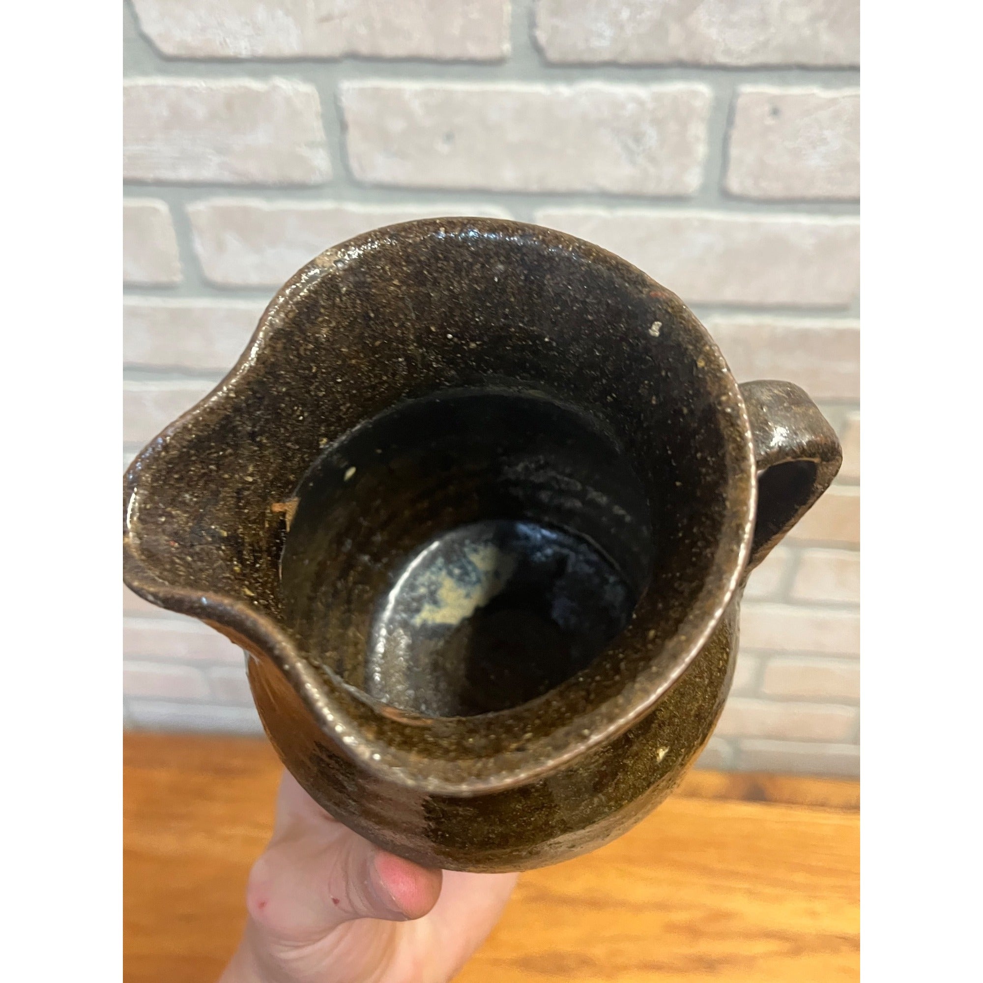 Antique Primitive 1900s Earthenware / Redware Cream Pitcher Albany Slip 5.25” Farmhouse Country Decor