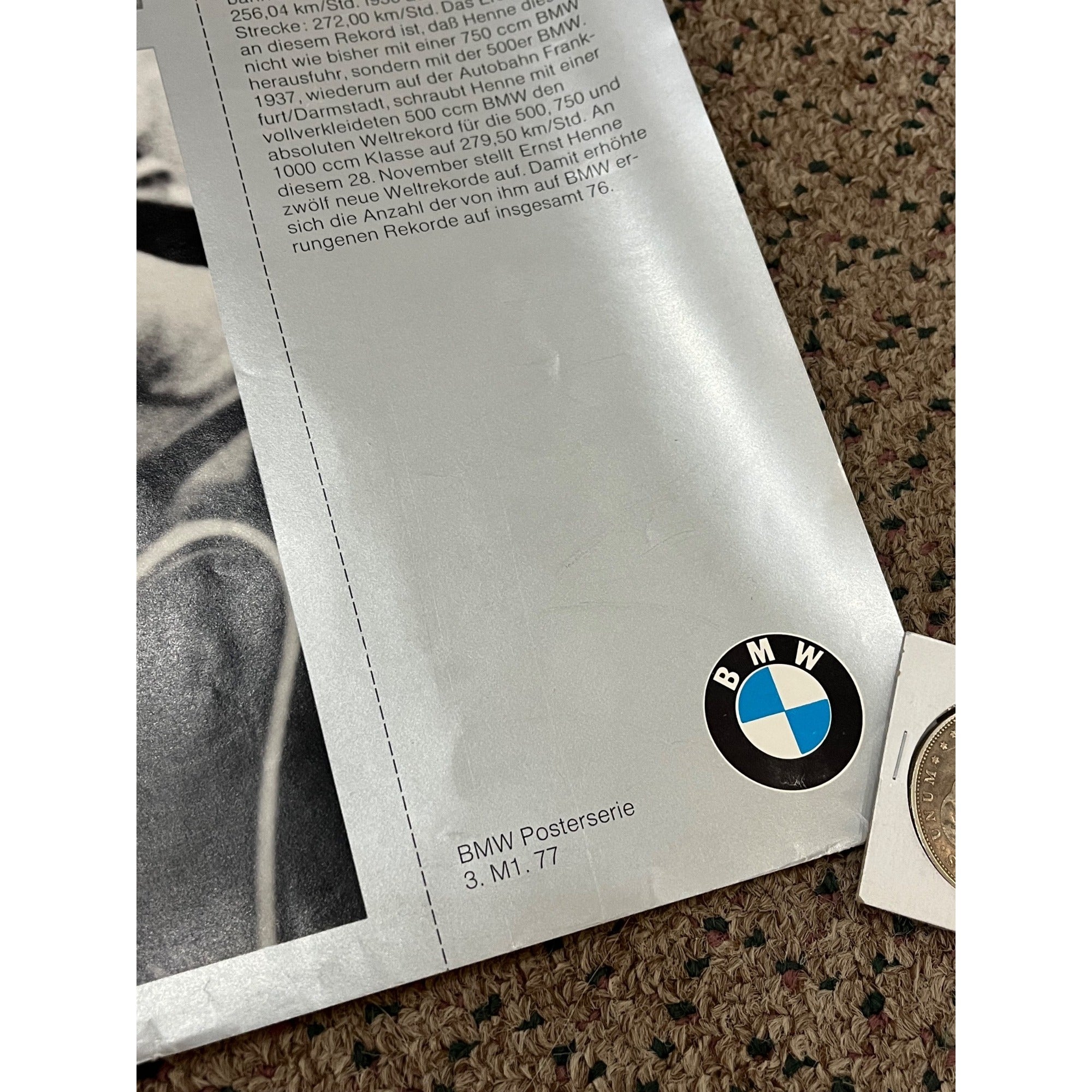 Vintage 70s BMW Motorcycle Poster Record Time Ernst Henne Promo Advertising Sign