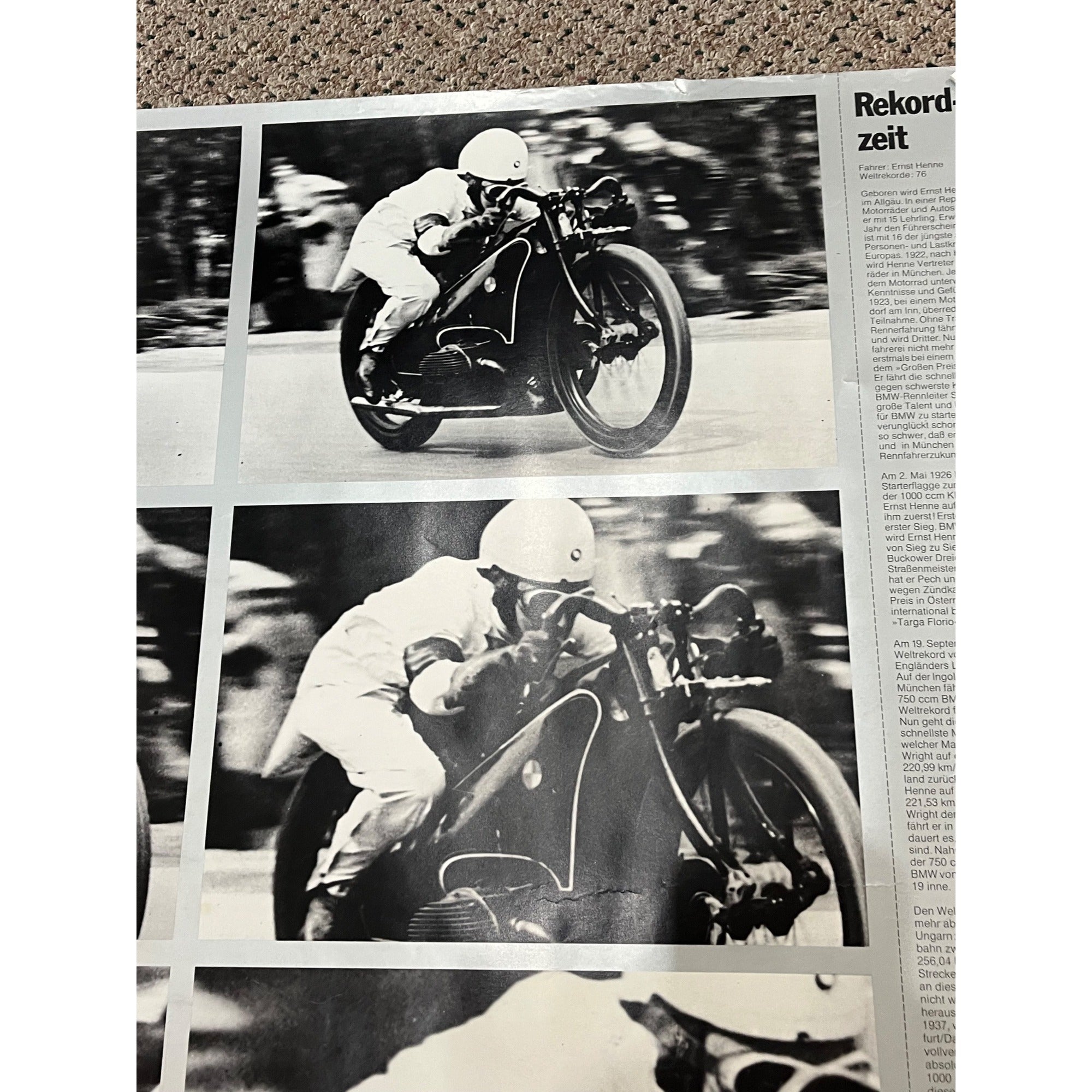 Vintage 70s BMW Motorcycle Poster Record Time Ernst Henne Promo Advertising Sign