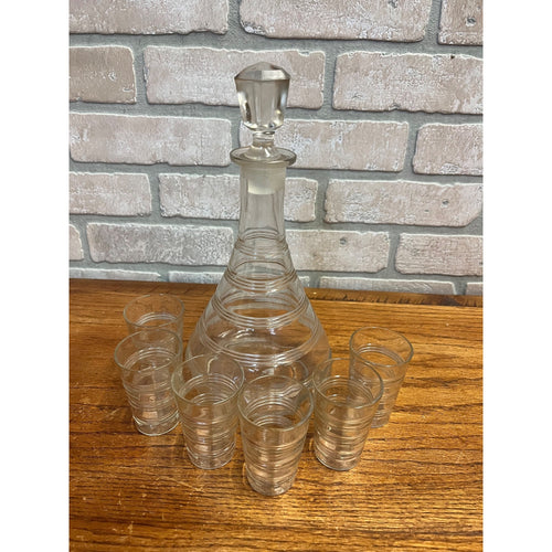 Vintage 1930s Art Deco Ribbed Glass Decanter Bar Set 7pc w/ Drinkign Glasses